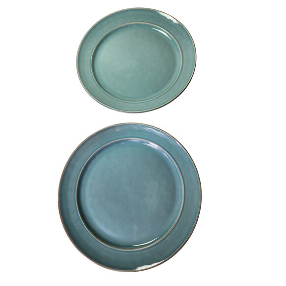 POTTERY BARN Turquoise Cambria Made in Portugal Heavy Dinner Plates Set of 2 - Picture 1 of 5